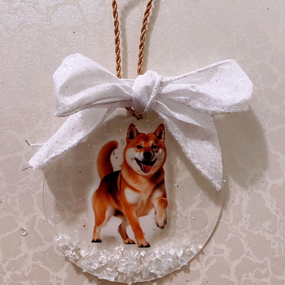 Shiba Inu Dog Ornament with White Glitter Bow